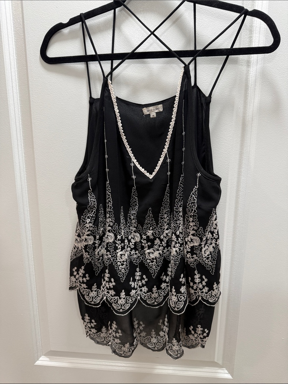 Kensie Black Tank with Cream Embroidery and Beaded V-Neck